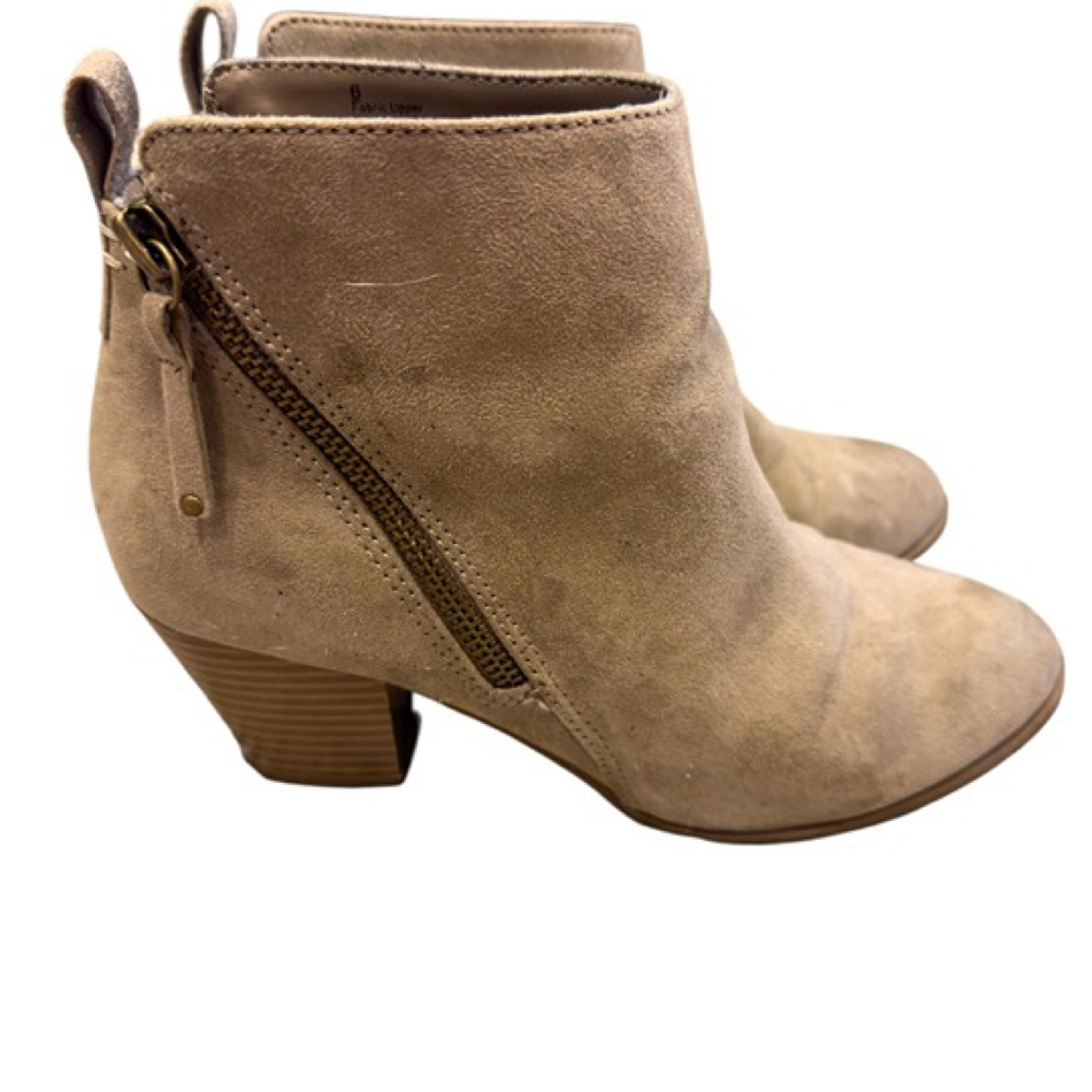 Express Taupe Suede Ankle Booties with Block Heel & Side Zip | Size 6